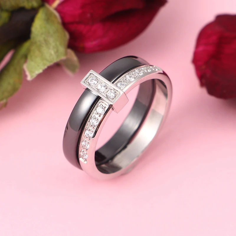 Fashion 2 Layers Black White Ceramic Crystal Wedding Rings For Women Wedding Jewelry Stainless Steel Rhinestone Engagement Gifts