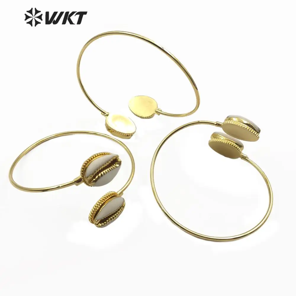 WT-B504  Natural Double Cowrie Shell Bracelet With Gold Bangle Fashion Jewelry For Women Gift Summer Beach Jewelry