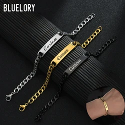 Bluelory Punk Engrave Name Custom Men Bracelets Gold Silver Black Color Stainless Steel Thick Chain Customized Couple Jewelry