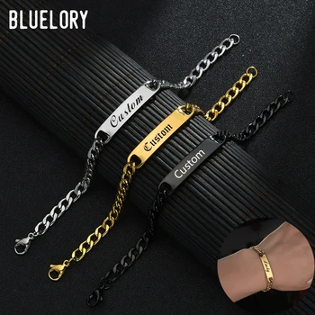 Bluelory Punk Graveren Naam Custom Mannen Armbanden Goud Zilver Zwart Roestvrij Staal Dikke Ketting Aangepaste Paar Sieraden