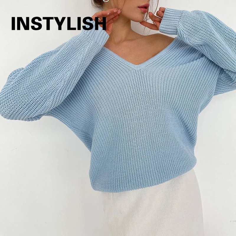 Women Oversized Sweater Elegant Double V Neck Batwing Sleeve Loose Pullover Thick Knitted Pullover Casual Solid Jumper Tops