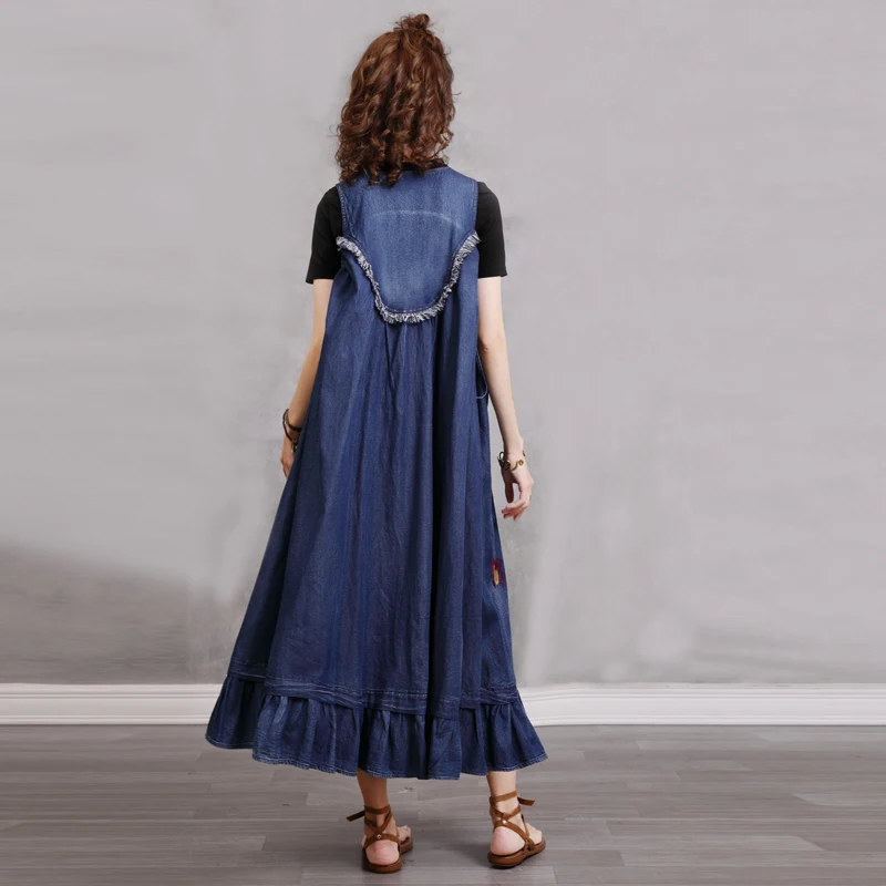 Yuzi.may – robe d'été en Denim pour femmes, tenue Vintage brodée, sans manches, ourlet à volants, nouvelle collection 2021, A82337