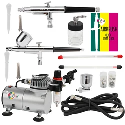 OPHIR 2 Airbrush Kit mit Luft Kompressor Luft Pinsel Spritzpistole Farbe für Nagel Modell Hobby Kuchen Dekoration Körper Paint_AC089 + 004 + 074