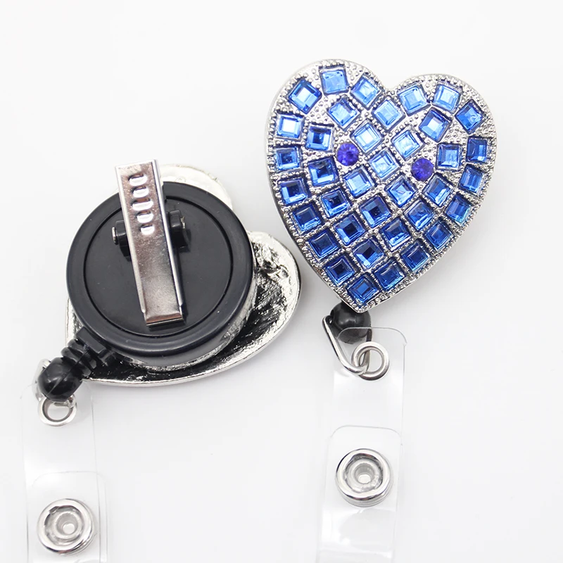 Rhinestone Crystal Retractable Blue Heart ID Badge Holder For Nurse