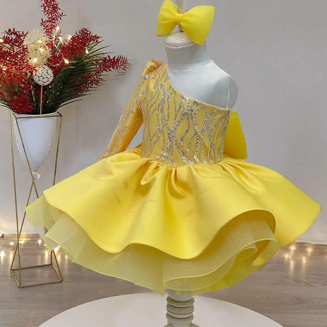 Yellow Flower Girl Tutu Dress 2022 Long Sleeve One Shoulder Princess Baby Girls Pageant Gowns Puffy First Communion Birthday For