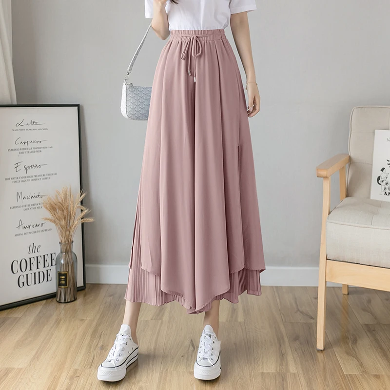 Casual Solid Color Wide Leg Pants Elastic High-waist Pleated Women\'s Pants Spring Loose Flowing Summer Female Chiffon Trousers