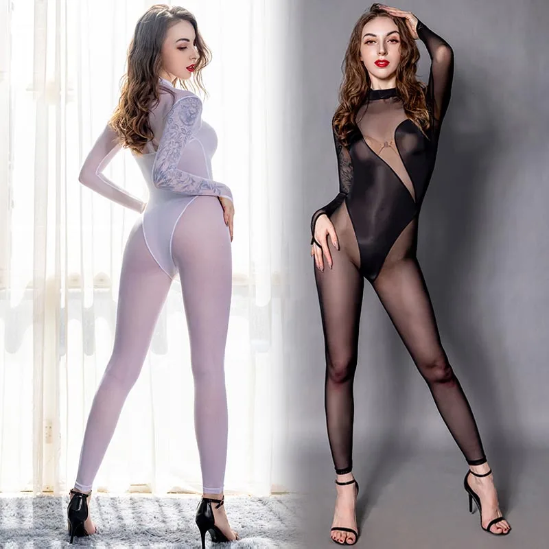 Sexy Women Skinny See-through Mesh Splicing Jumpsuit Unitard Full Body Bodysuit Pole Dance Wear   Catsuits Girls Costume