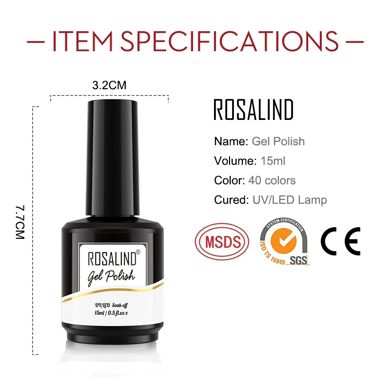 ROSALIND Soak Off Gel Nail Polish Bright For Nail Art Decoration Semi Permanent Manicure Varnishe Hybrid Base Top Coating 7/15ML