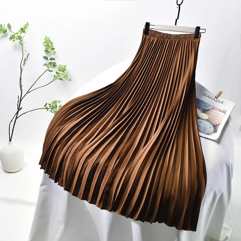 2023 Spring Autumn Elegant Pleated Skirt Women Elastic High Waist Women Long Skirt Female Autumn Ladies High Quality Midi Skirts