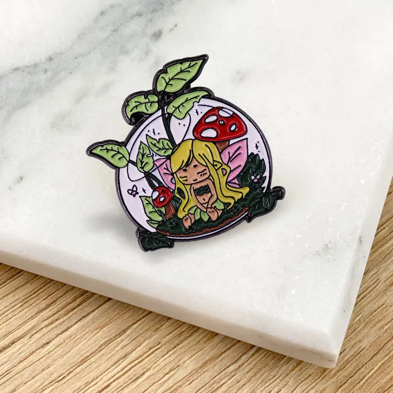 Blonde girl Forest Elf Lapel Pin Cartoon Leaf Mushroom Nature Magic Girls Cartoon Brooch Metal Badge