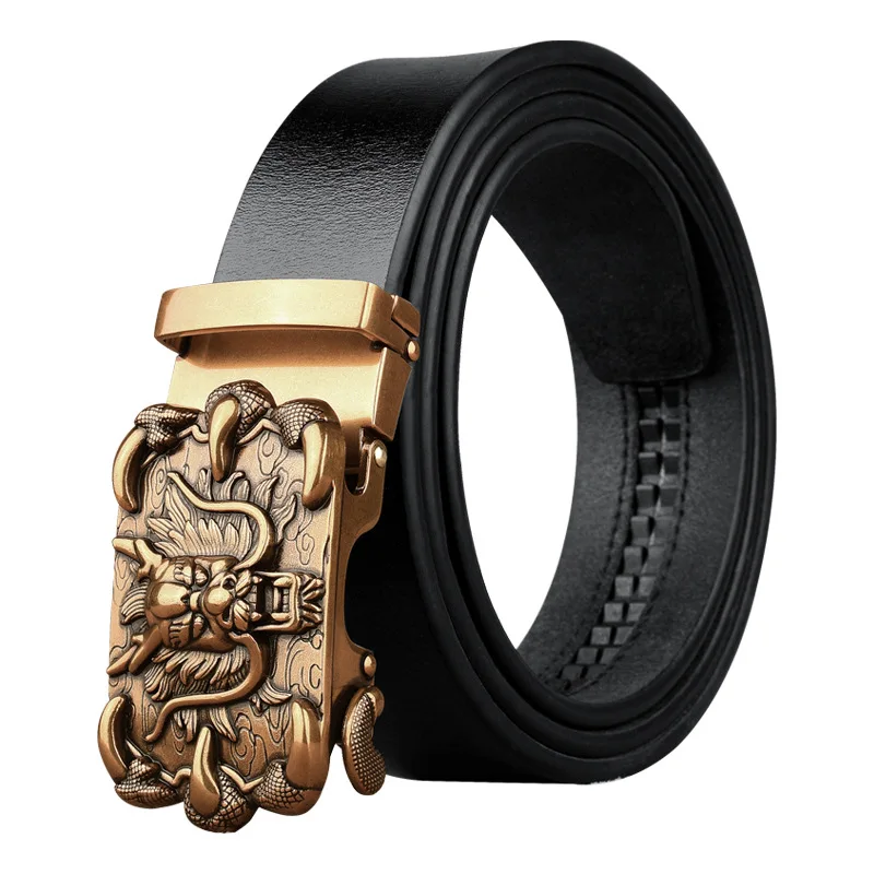 Cinto masculino de couro de vaca, cinto com fivela automática retrô