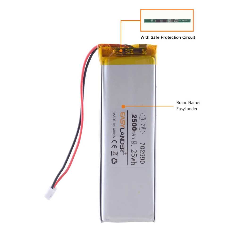 3.7v 2500mAh Polymer lithium battery 702990 bar LED lamp  rechargeable toy medical equipment Hunting dog GPS battery 703090