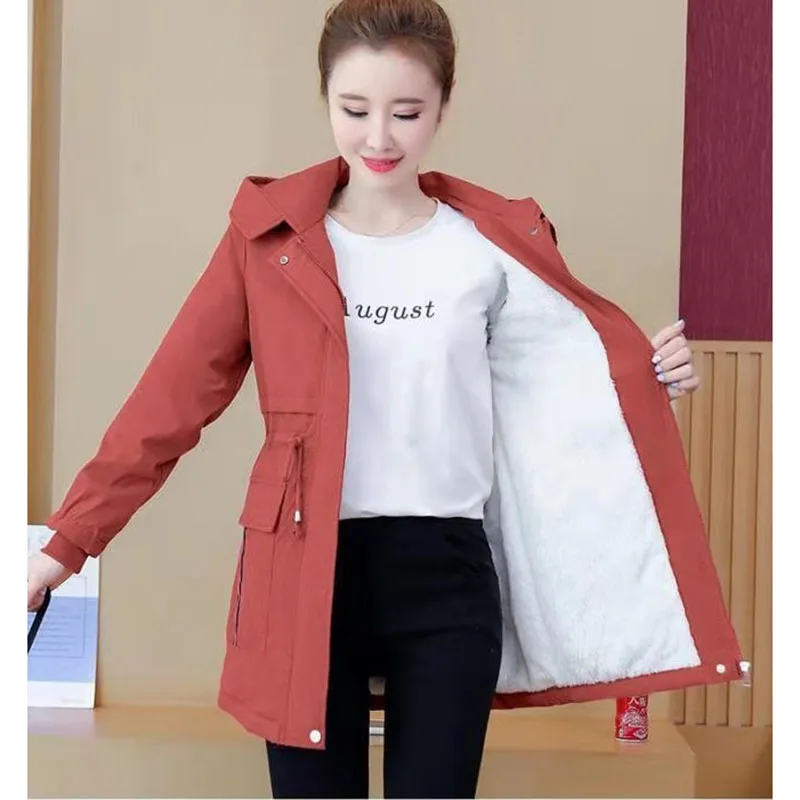 Add  Velvet Thicken Autumn Winter Cotton Clothes Keep Warm Women's Coat Loose Hood Slim Ladies Mid-Length Windbreaker Outerwear