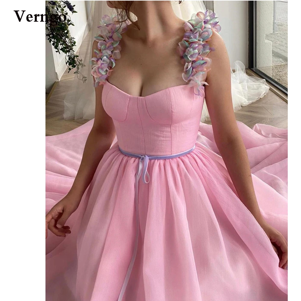 

Verngo A Line Soft Pink Organza Long Prom Dresses Flowers Straps Velour Sash Floor Length Evening Gowns With Pockets 2021