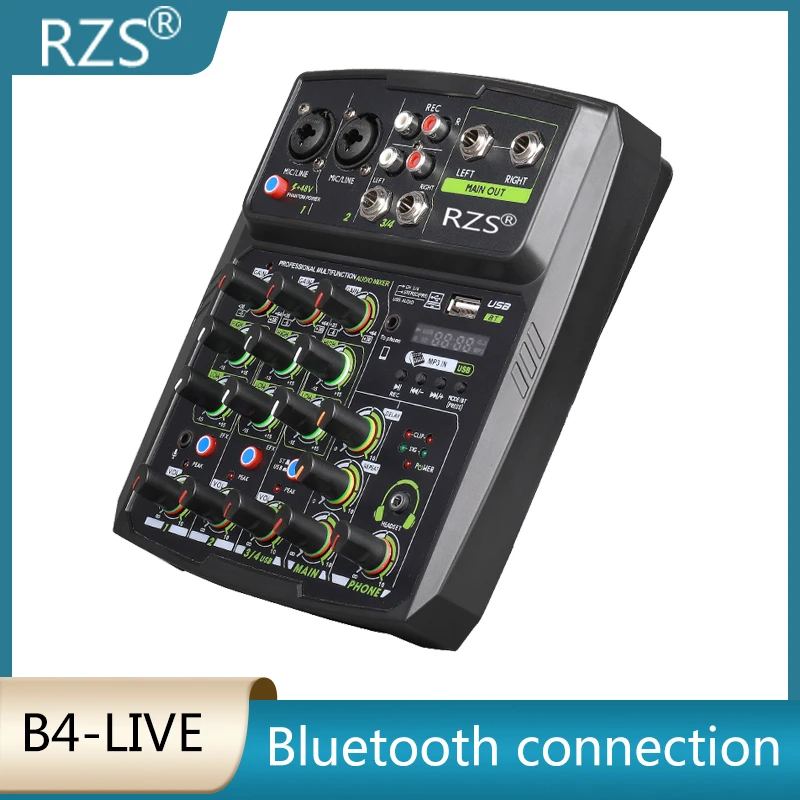 

RZS B4 Audio Mixer Bluetooth Recording Sound Card Phone Live Broadcast DJ K Song KTV 4 Channel USB/PC FOR Condenser Microphone