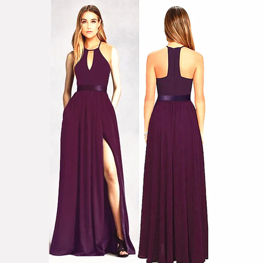 Robe de demoiselle d'honneur trapèze violette longue, robes de célébration de fiançailles, robe de soirée de mariage en Satin pour robe de groupe de demoiselle d'honneur, 2020