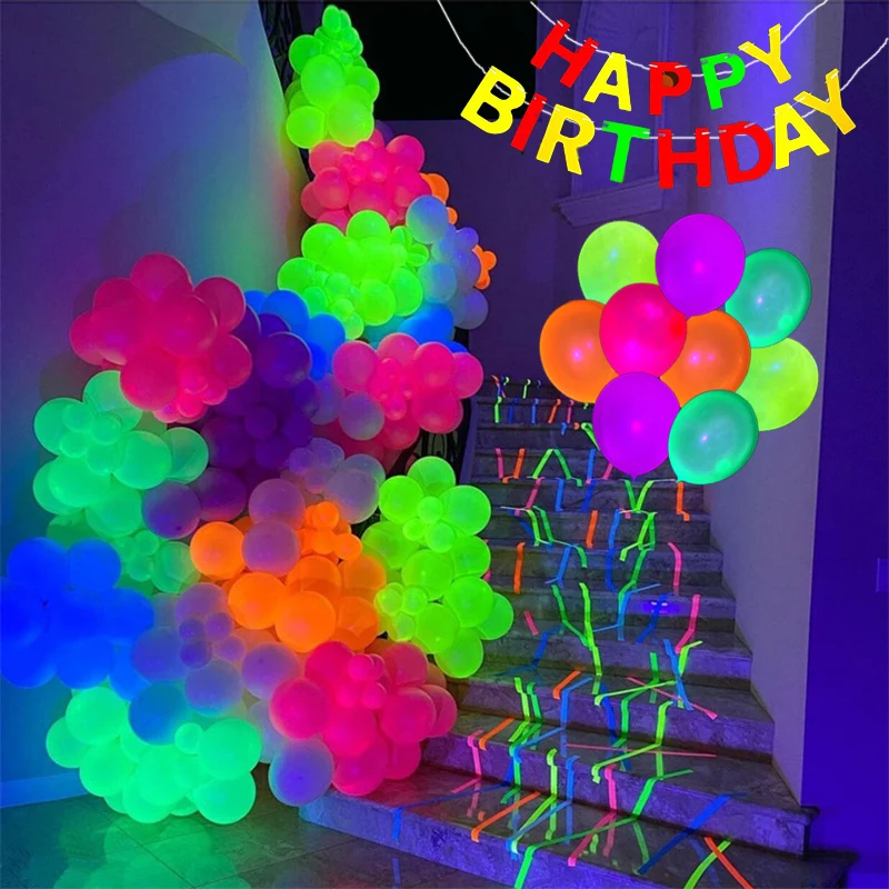 10/20/30Pcs Neon Happy Birthday Balloons 12inch UV Glow Balloons Blacklight Latex Globos Kids Baby Shower Birthday Party Decor