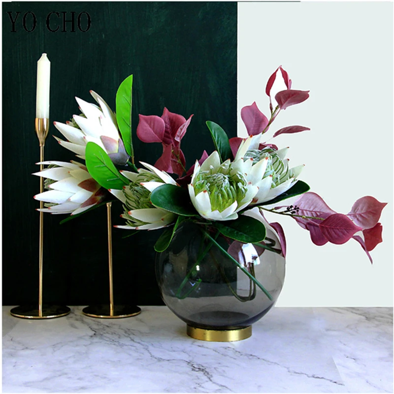 YO CHO Artificial Flower Silk King Protea DIY Flower Arrangement Fake Emperor Flowers White Home Party Wedding Table Decoration