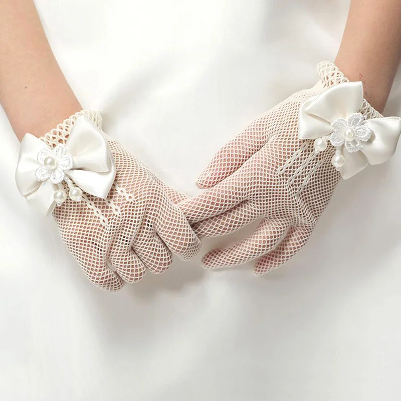 Kids Lace Pearl Mesh Bow Gloves Girl Party Supplies Birthday Ceremony Coronation Accessories For Gilrs Princess Gift Mittens