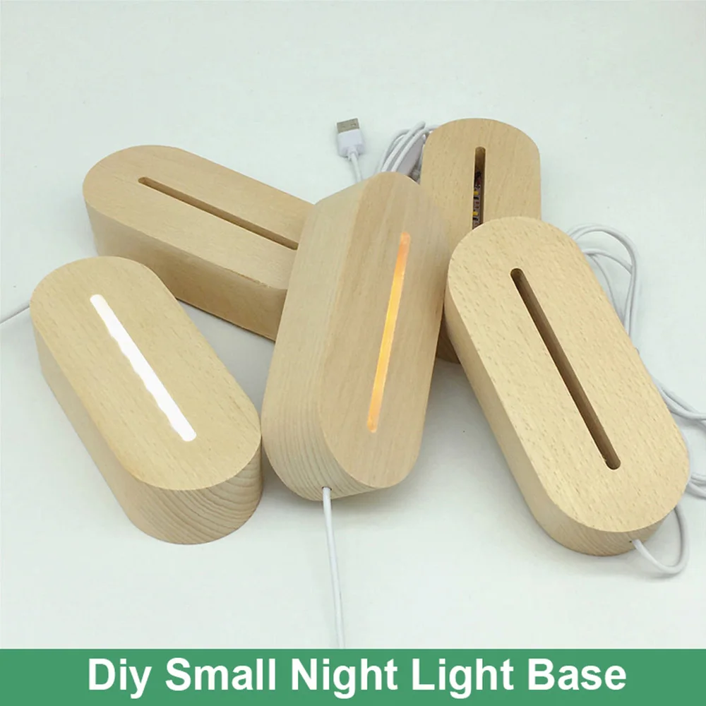 Oval 3d Small Night Light Beech Base Solid Wood Diy Manual Base Luminous Creative Gift For Acrylic Lighting Accessories Assembly