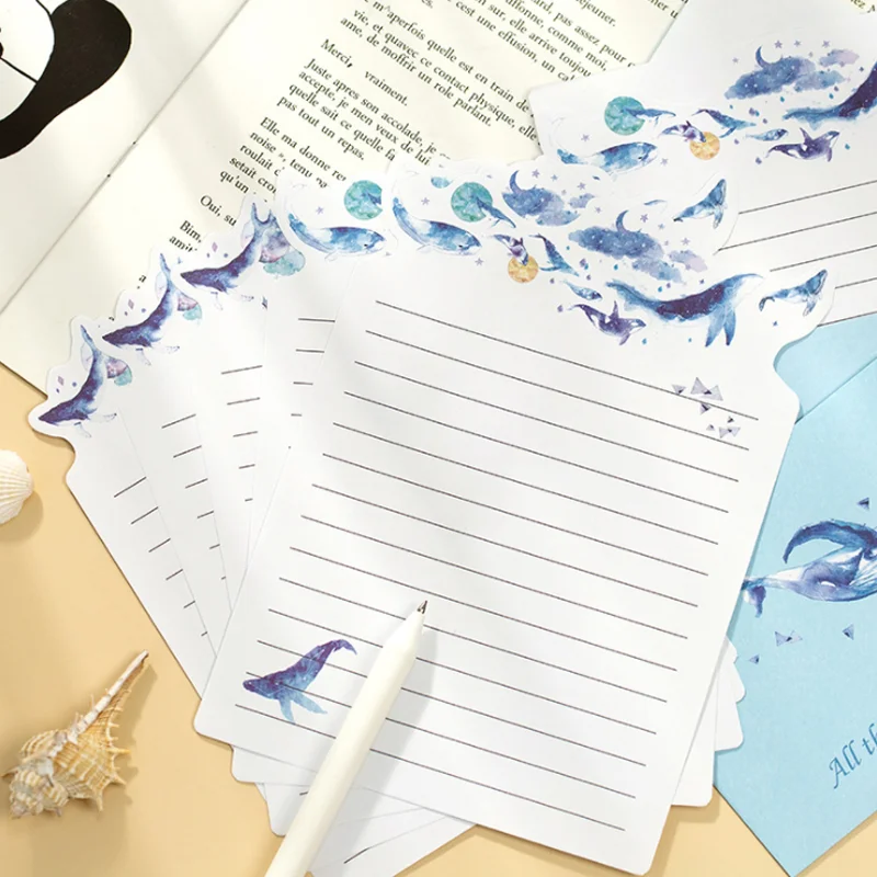 Kawaii Flower Planet Whale Series Creative Staacquering School Office Supplies, 3 enveloppes + 6 lettres en papier, enveloppe pour enfants, mariage