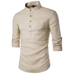 Chemises en lin à manches longues pour hommes, chemise boutonnée, robe Henley, vêtements pour hommes, monochromatique, taille européenne, mode printemps et automne, 2024