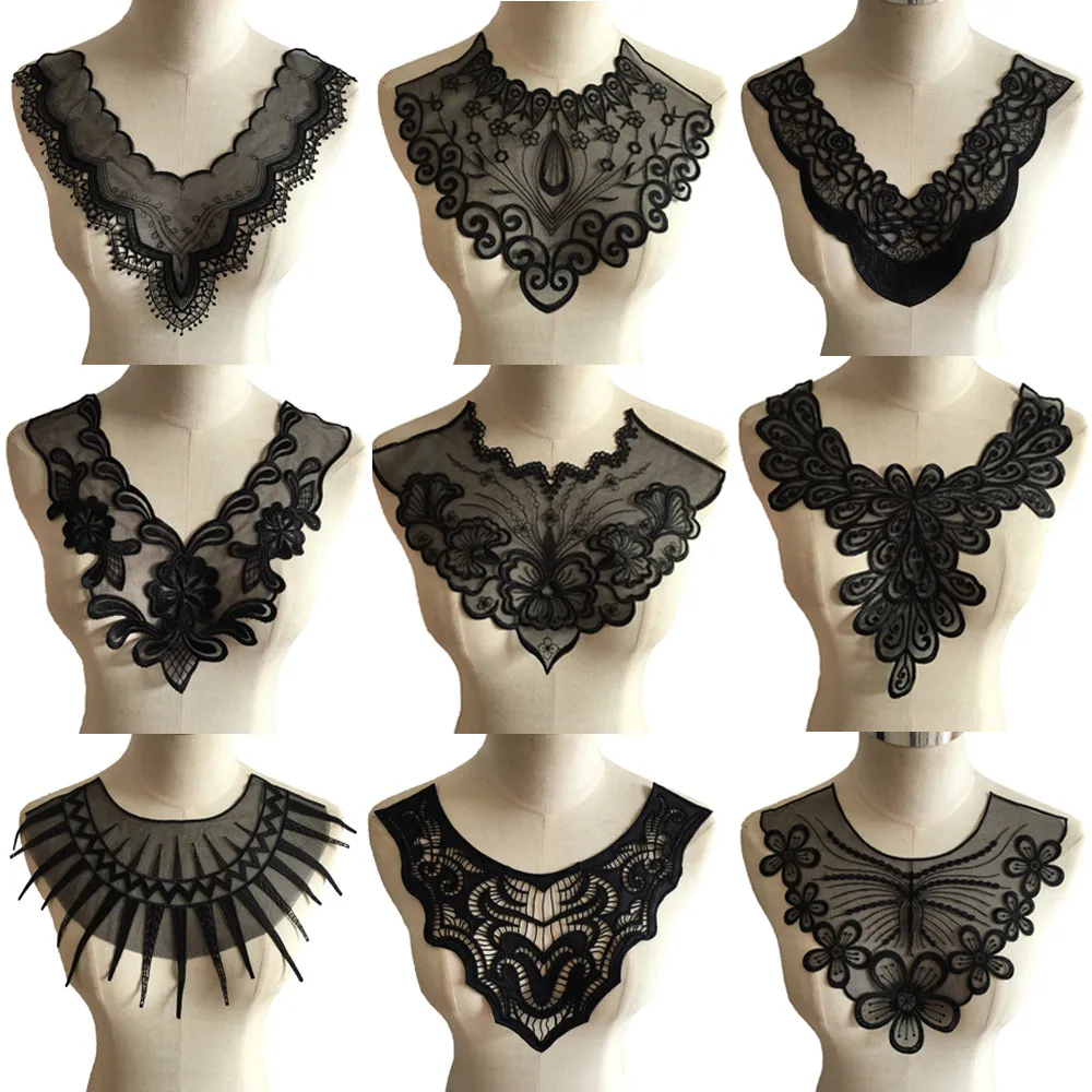 Black Flower Leaf Embroidery Organza Collar Venise Lace Flowers Neckline Collar Applique Trim and Lace fabric Sewing Supplies