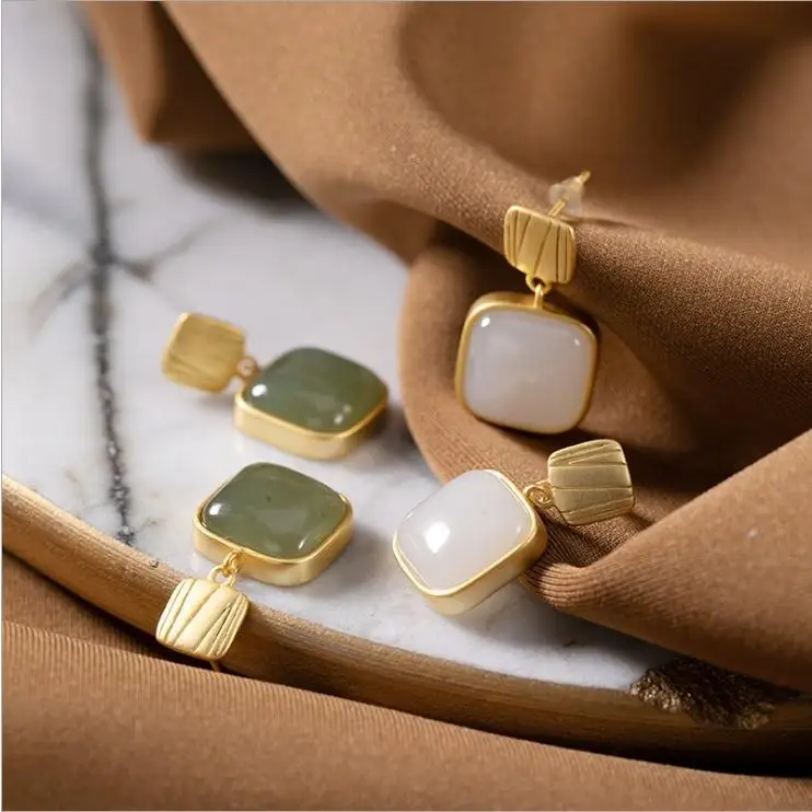 

SNew silver natural Hetian jade geometric square earring pendant niche design light luxury temperament women's brand jewelry