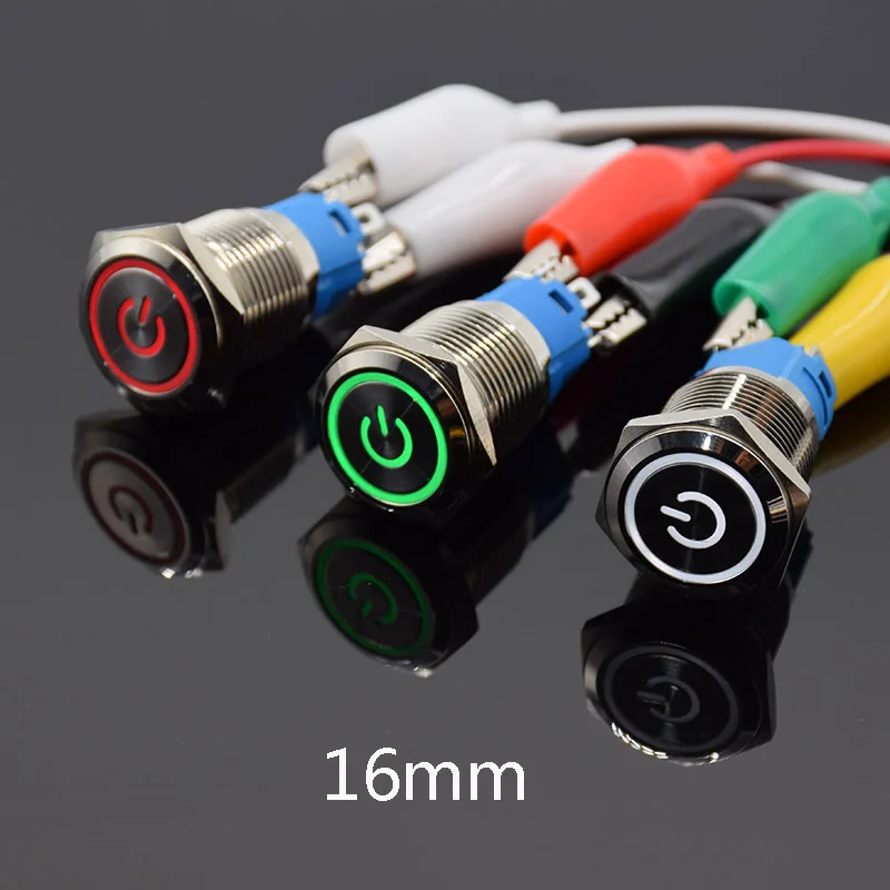 16mm Waterproof Metal Push Button Switch LED Light Momentary Latching Car Engine Power Switch 6V 12V 24V 220V Metal switch