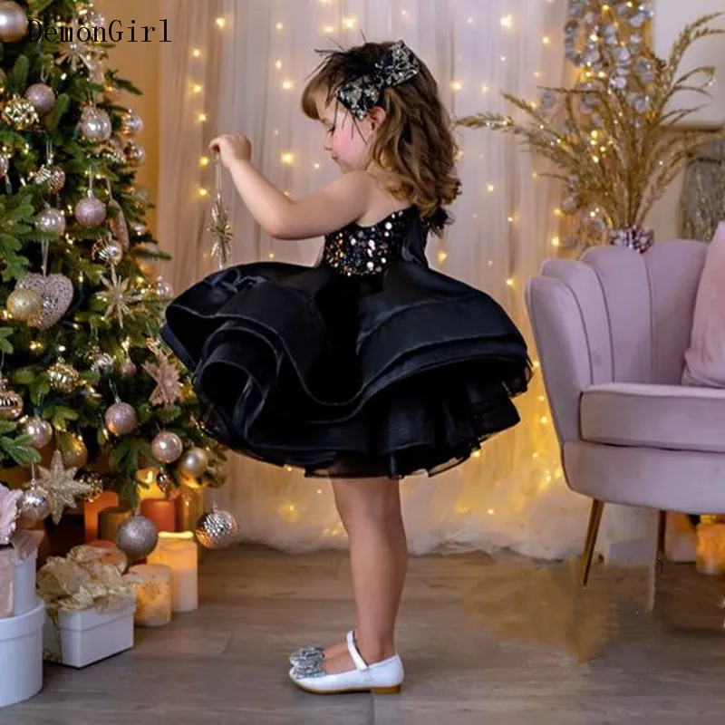 Glitter Sequins Fluffy Flower Girl Dress Princess Black Organza First Communion Dress Little Bride Dress Girl Birthday Dresses