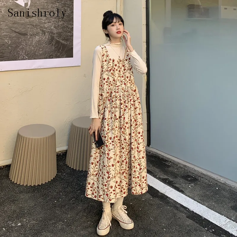 Floral Print Tank Dress French Retro Women Spring Bandage Bow Sleeveless Corduroy Dress High Waist Pleated Long Fairy Dresses