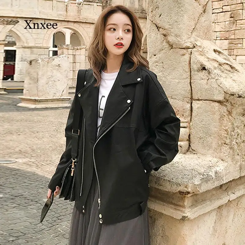 2021 Ladies Casual Solid Color Artificial Leather Coat Lapel Ladies Pu Leather Jacket Female Cool Zipper Streetwear