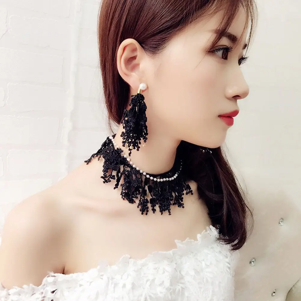 Fashion Lace Earring Female Drop Hanging Tassel Flower Fringe Dangle Statement Earring Boho Lace Women Wedding Pendant Jewelry