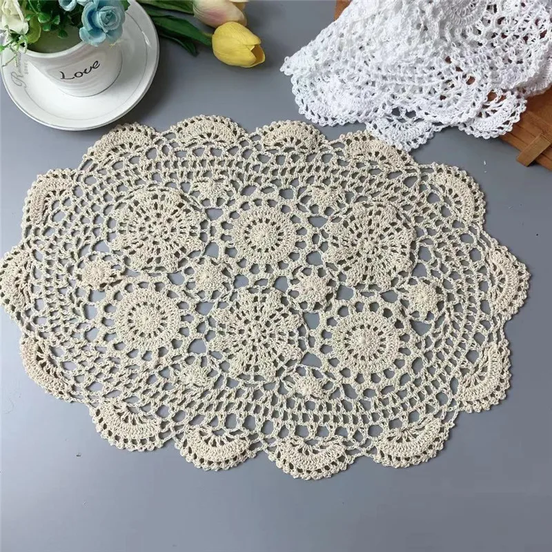 Vintage Oval Table Cloth Handmade Crochet Coaster Placemat Tablecloth Cup Glass Kitchen Dining Mat Pad Wedding Christmas Decor