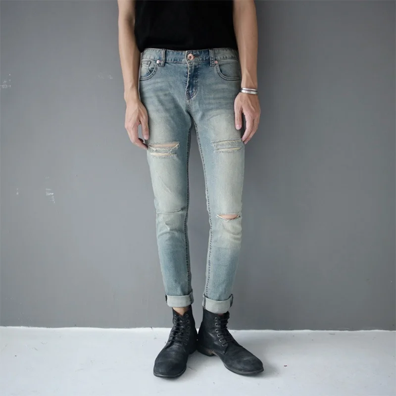 Knee Hole Jeans for Men Light Blue Slim Fit Light Straight-Leg Skinny Pants Male Distressed Jeans Vintage Men Jeans Trousers