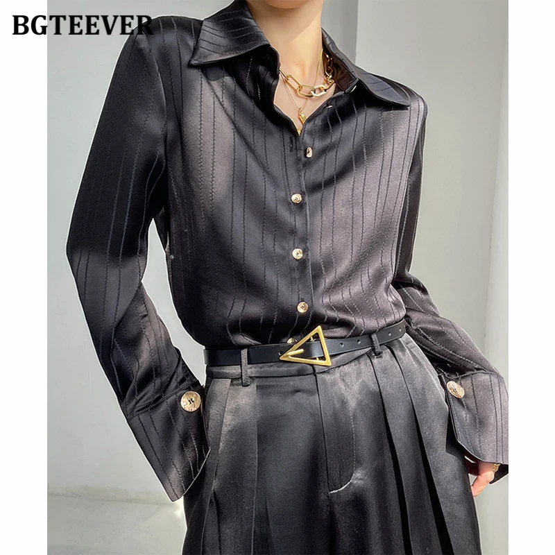 BGTEEVER Stylish Loose Women Striped Shirts 2022 Spring Long Sleeve Single-breasted Female Satin Blouses Ladies Tops