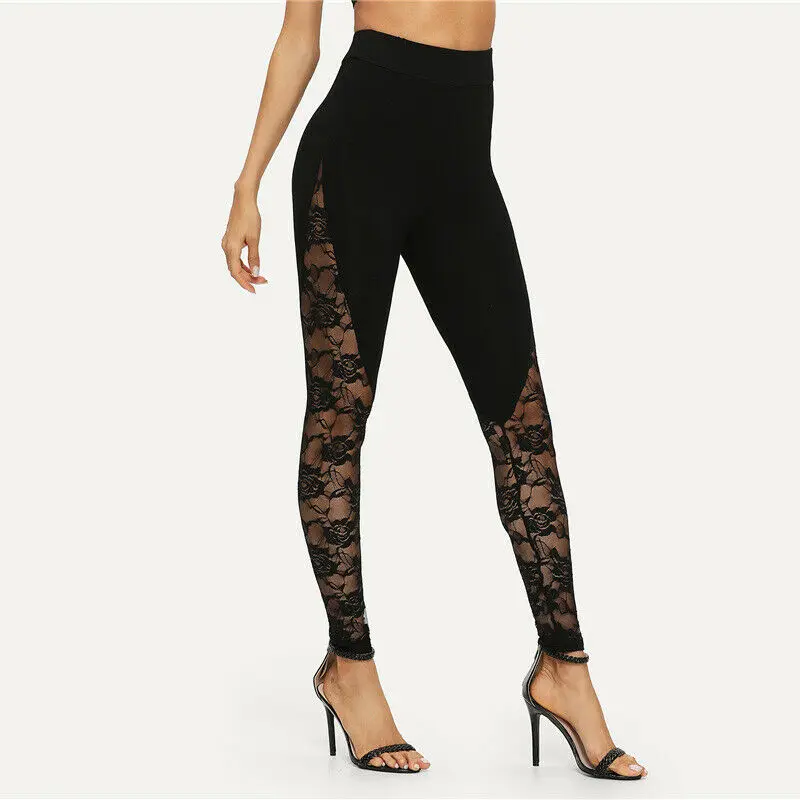 Mallas de encaje de cintura alta para mujer, Leggings negros, florales, con Panel lateral, recortados, S, M, L, 2XL