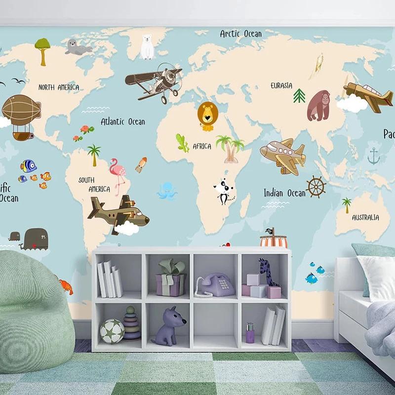 

Custom Papel Pintado De Pared World Map Mural Cartoon Animal Sailboat Airplane 3D Photo Mural Wallpaper For Kids Room Bedroom