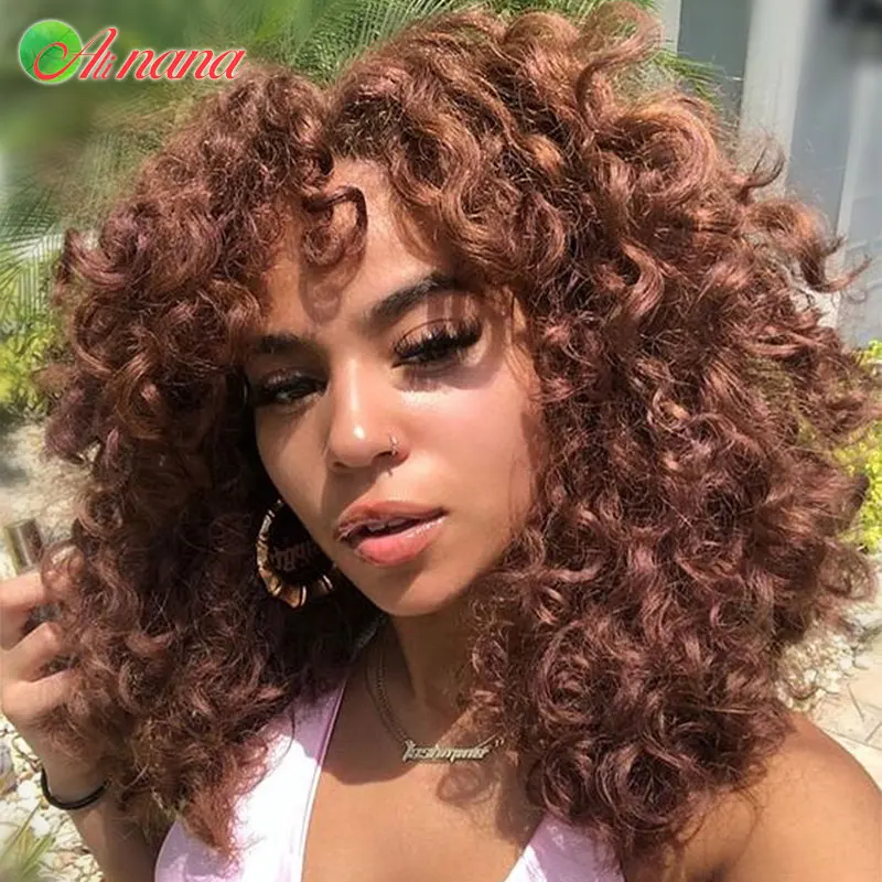 Brazilian Bouncy Curly Scarf Wig Ginger/Brown/ Blonde Color Full Machine Wig With Bangs Curly Style100% Human Hair Wig For Women