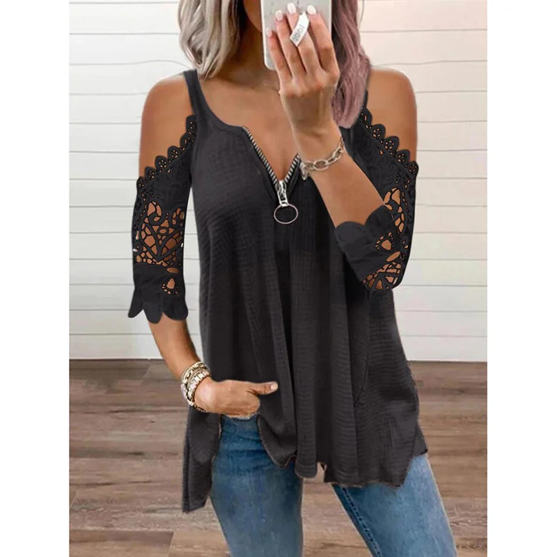 

2023 Summer New Lace Petal Half Sleeve Zipper Ladies T-Shirt for women Oversize Off Shoulder V-Neck Loose Casual Top Tee Tunic