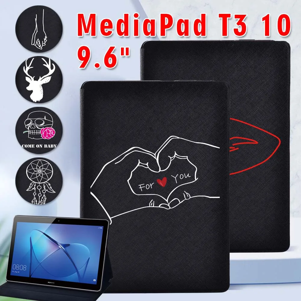 PU 가죽 태블릿 스탠드, 접이식 커버 케이스 + 스타일러스, 화웨이 미디어패드 T3 10 9.6 인치 용