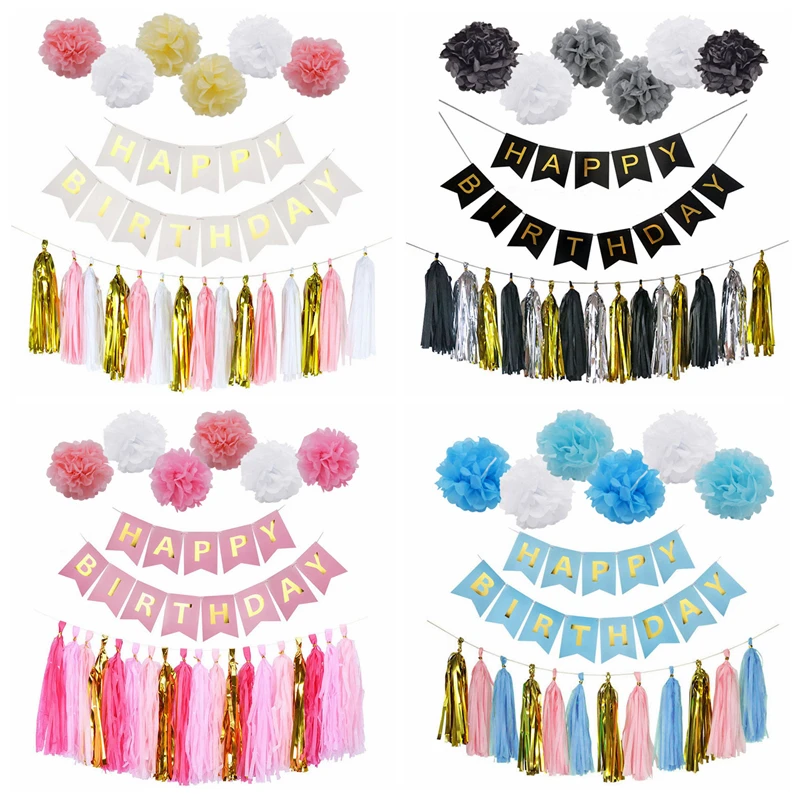 

Happy Birthday Tissue Paper Tassel Garland Set Multicolor Pompom Flower Banner for Birthday Party Baby Shower Hanging Decoration