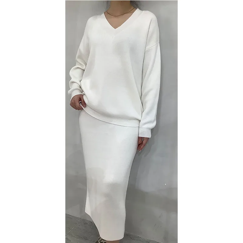 Mink Cashmere V Neck Wool Sweater + Hip Package Skirt Leisure 2 Pieces Dress Suit High Quality