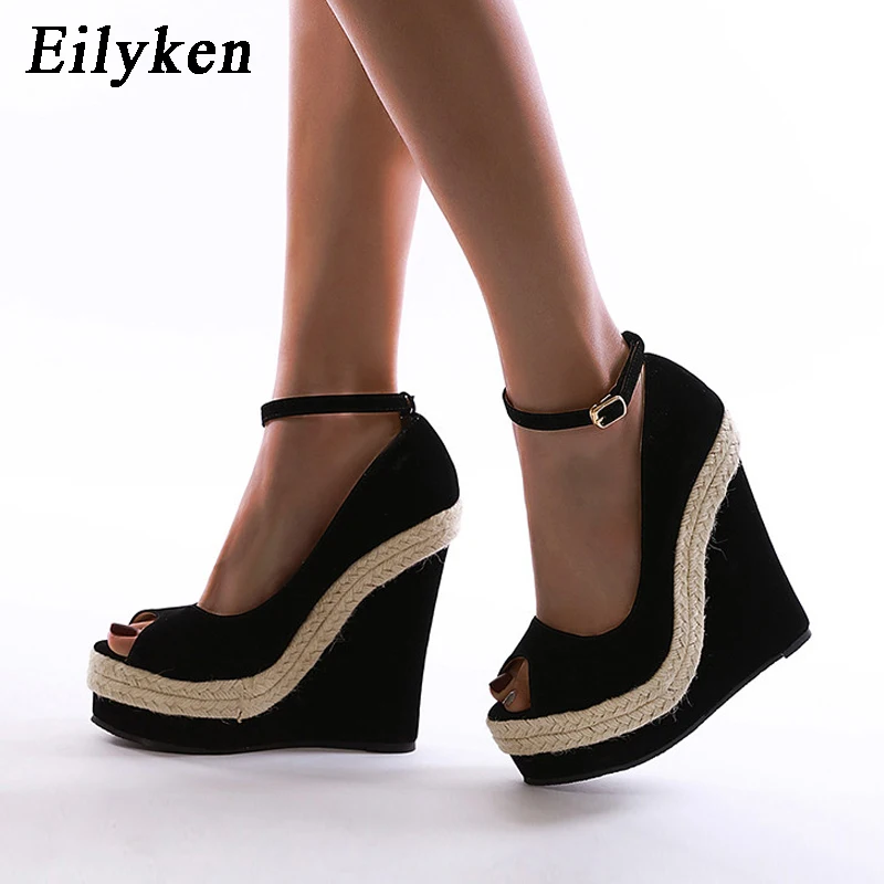 

Eilyken Platform Sandals Women High Quality Flock Fabric Peep Toe Fashion Buckle Strap Wedge Heels Dress Ladies Shoes