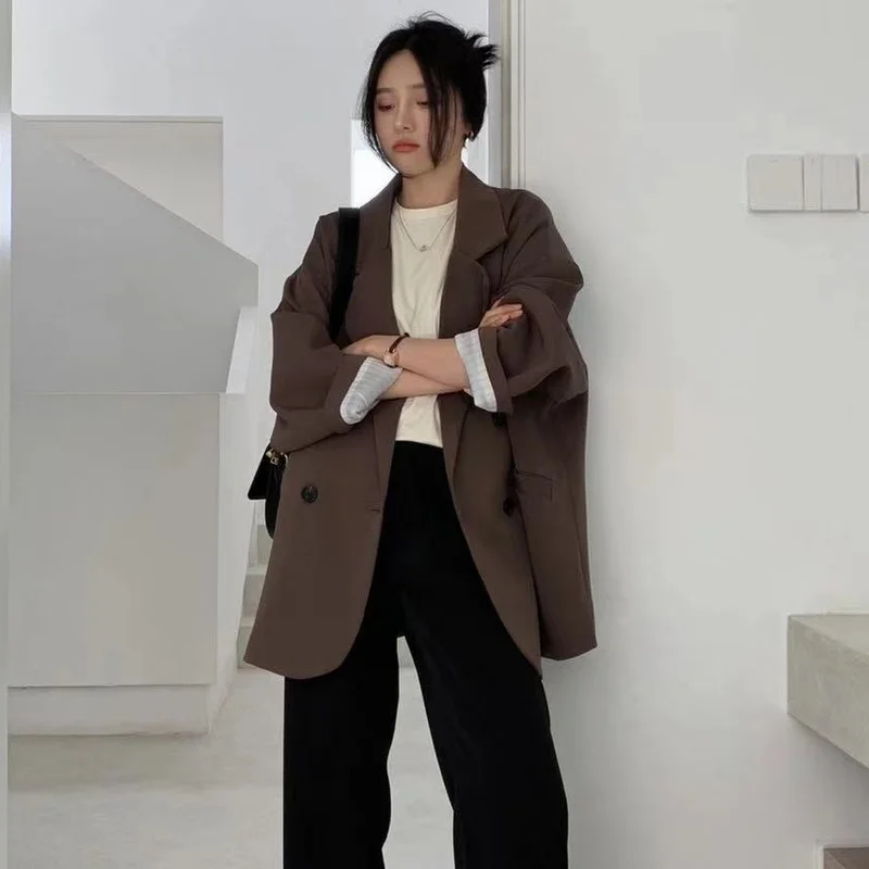 Blazers Women Loose Spring Simple Office Lady All-match Outwear Pockets Retro Elegant Formal Colleges Femme Pure Color Harajuku