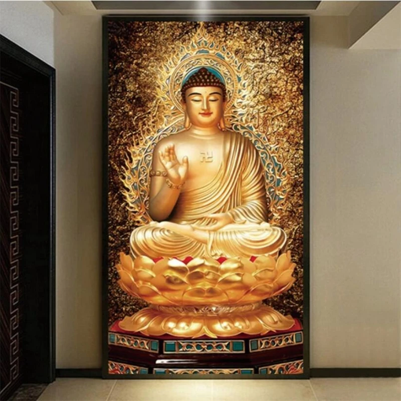 커스텀 벽지 3D shakyamuni 부처님 조각상, 중국 스타일, 황금 장식 그림 현관 배경 벽지