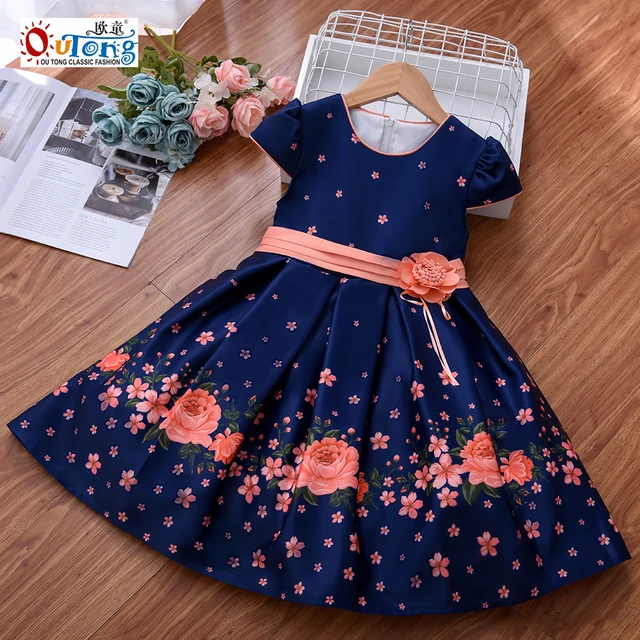 Outong 5 To 9 Year Old Girl Floral Dress Short Sleeve Flower Print Dresses For Children Birthday Cotton Soft Kids Clothes Girls