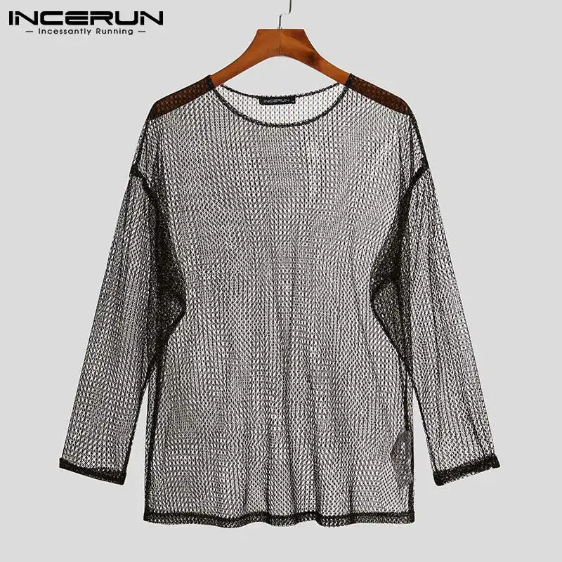 إنسيرون-تي شيرت شبكي مجوف للرجال ، بأكمام طويلة ، كتف فضفاض ، كاجوال ، توبات مثيرة للذكور ، على الطراز الكوري ، * * #5