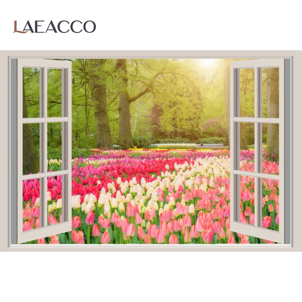 

Laeacco Spring Flowers Window Green Tree Photography Backdrops Rural Natural Scenic Field Photographic Backgrounds Photo Studio