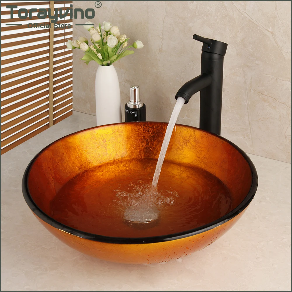 Torayvino Brown Glass Tempered Washbasin Sink Matte Black Bathroom Faucet Combo Set Waterfall Deck Mounted Mixer Tap With Drain